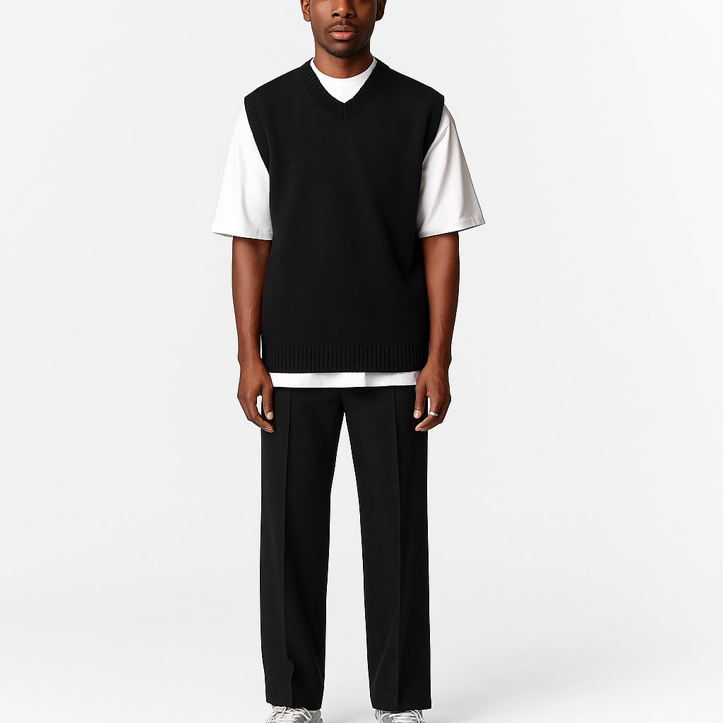 Knitted V-Neck Vest – Black