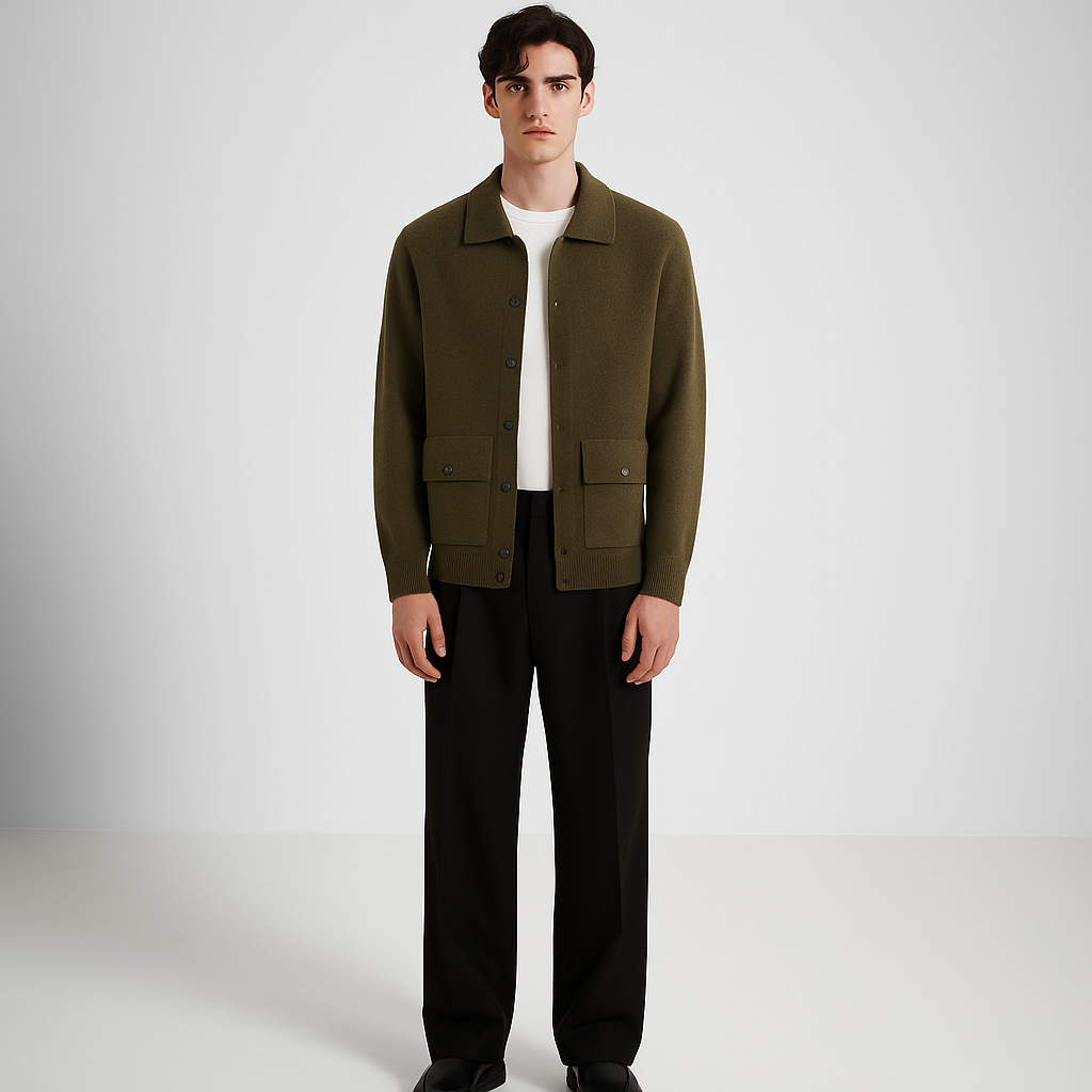 Merino Wool Cardigan With Pockets - Green
