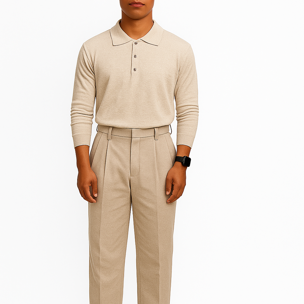 Long Sleeve Button-up Polo Beige - Slim Fit