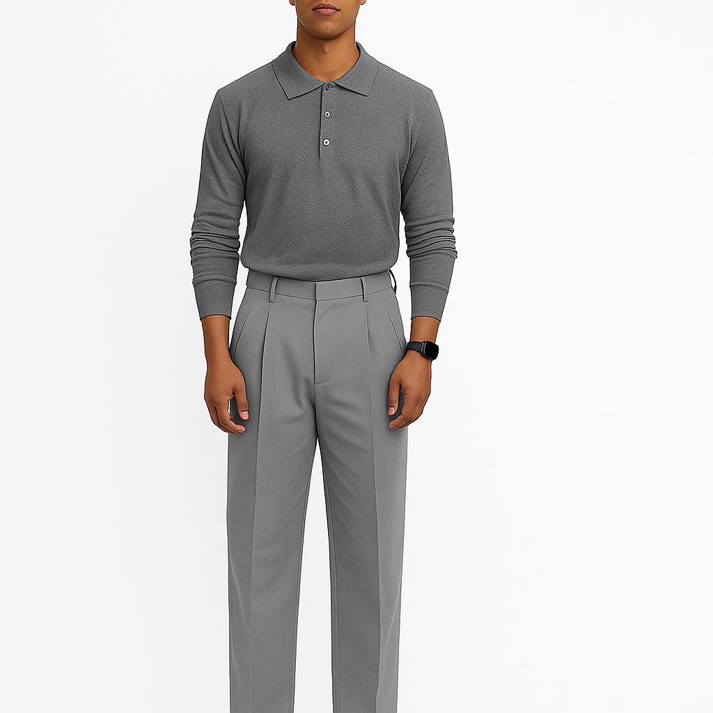 Long Sleeve Button-up Polo Grey - Slim Fit