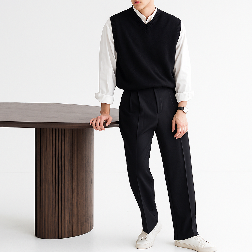 Knitted V-Neck Vest – Black
