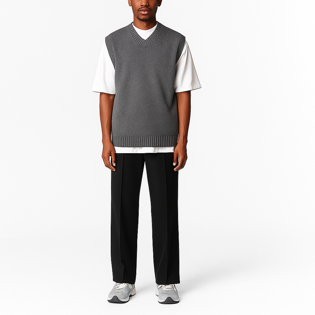 Knitted V-Neck Vest – Brown