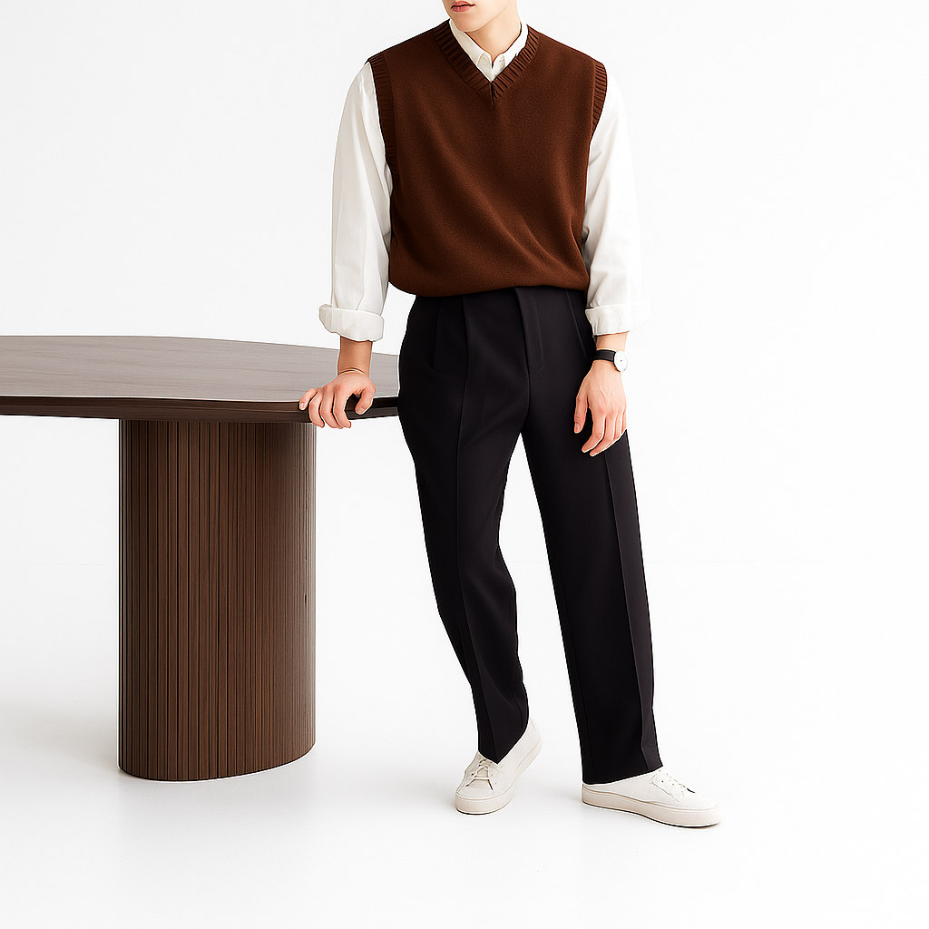 Knitted V-Neck Vest – Brown