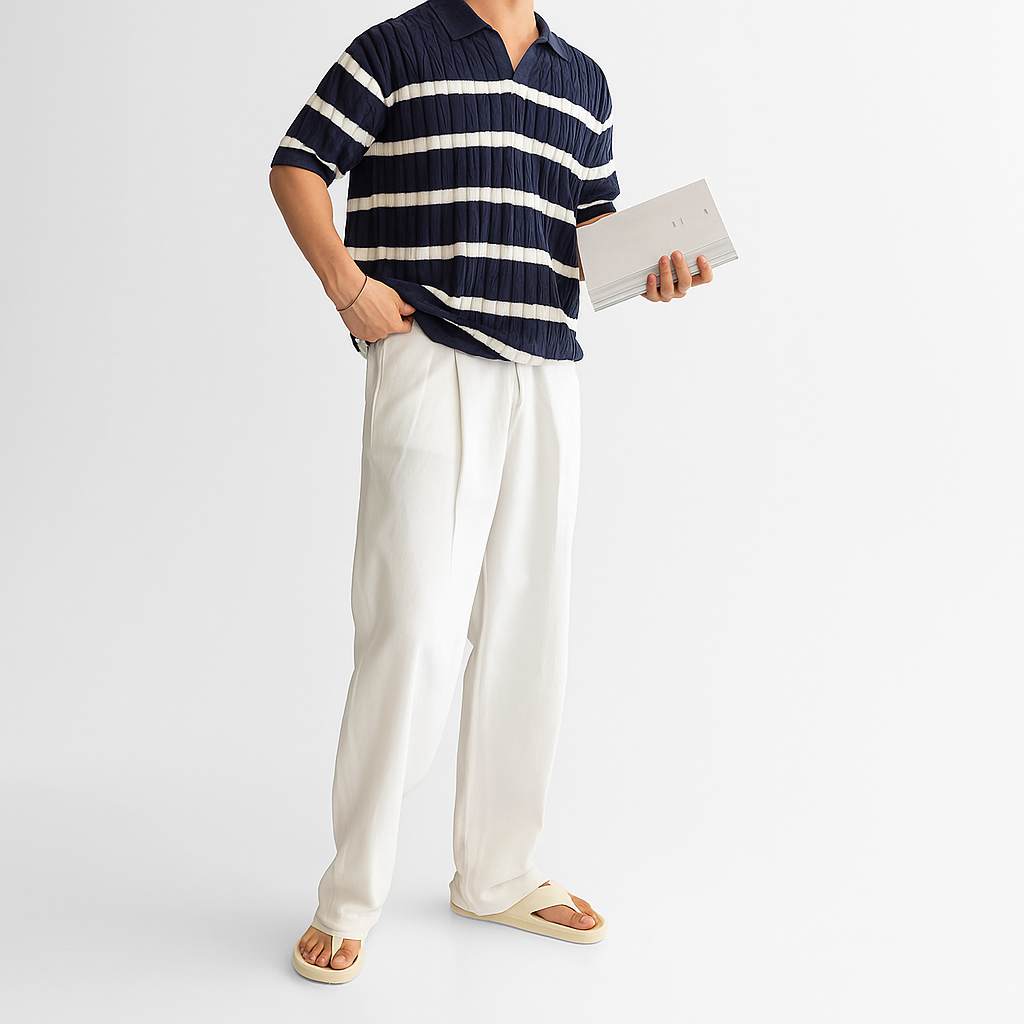 Striped Cable Knit Polo Shirt - White