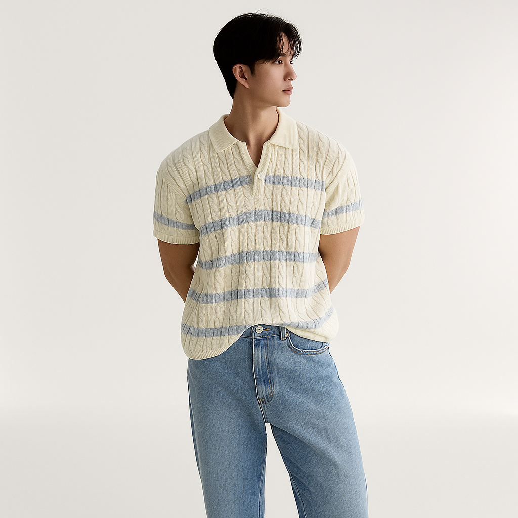 Striped Cable Knit Polo Shirt - White