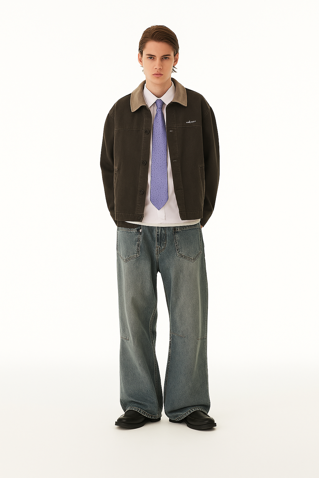 Washed Contrast-Collar Jacket - Grey