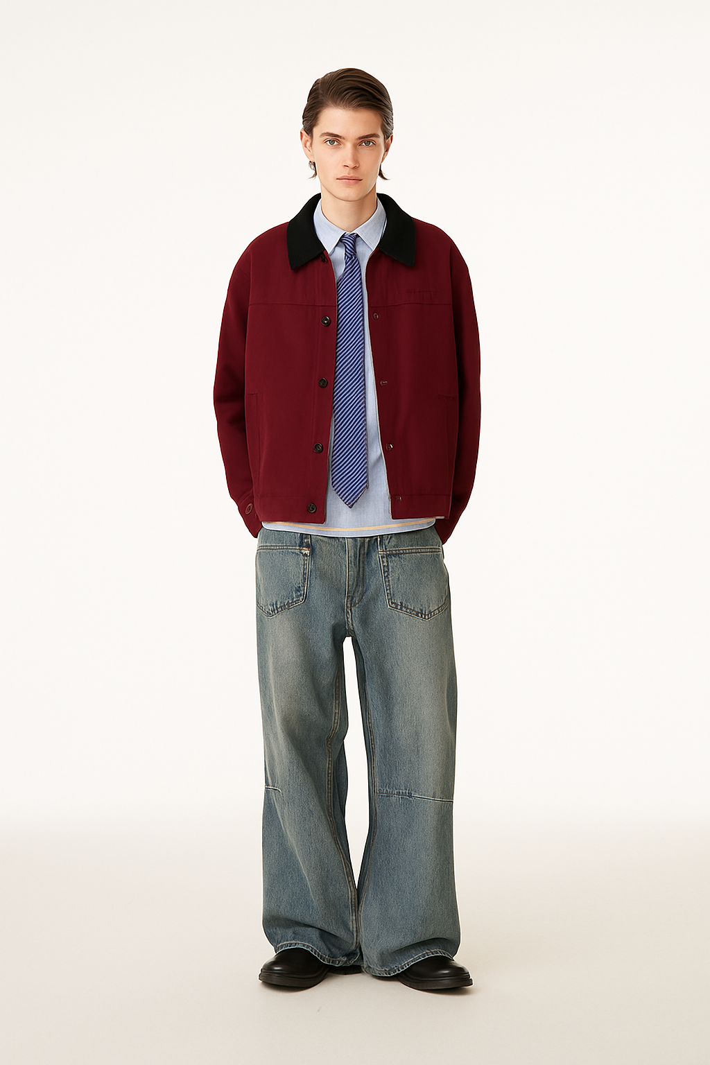 Washed Contrast-Collar Jacket - Wine