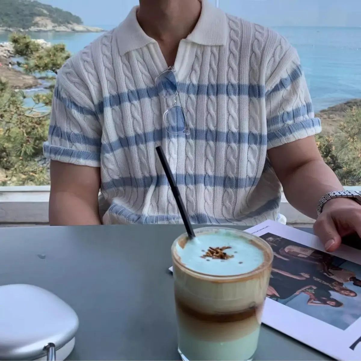 Striped Cable Knit Polo Shirt - Blue