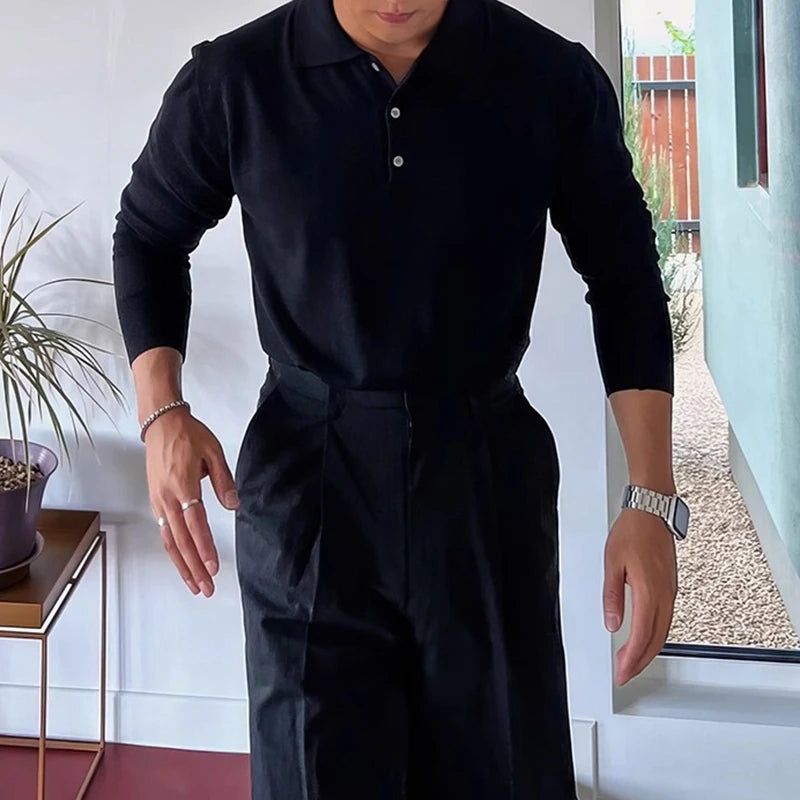 Long Sleeve Button-up Polo Black - Slim Fit