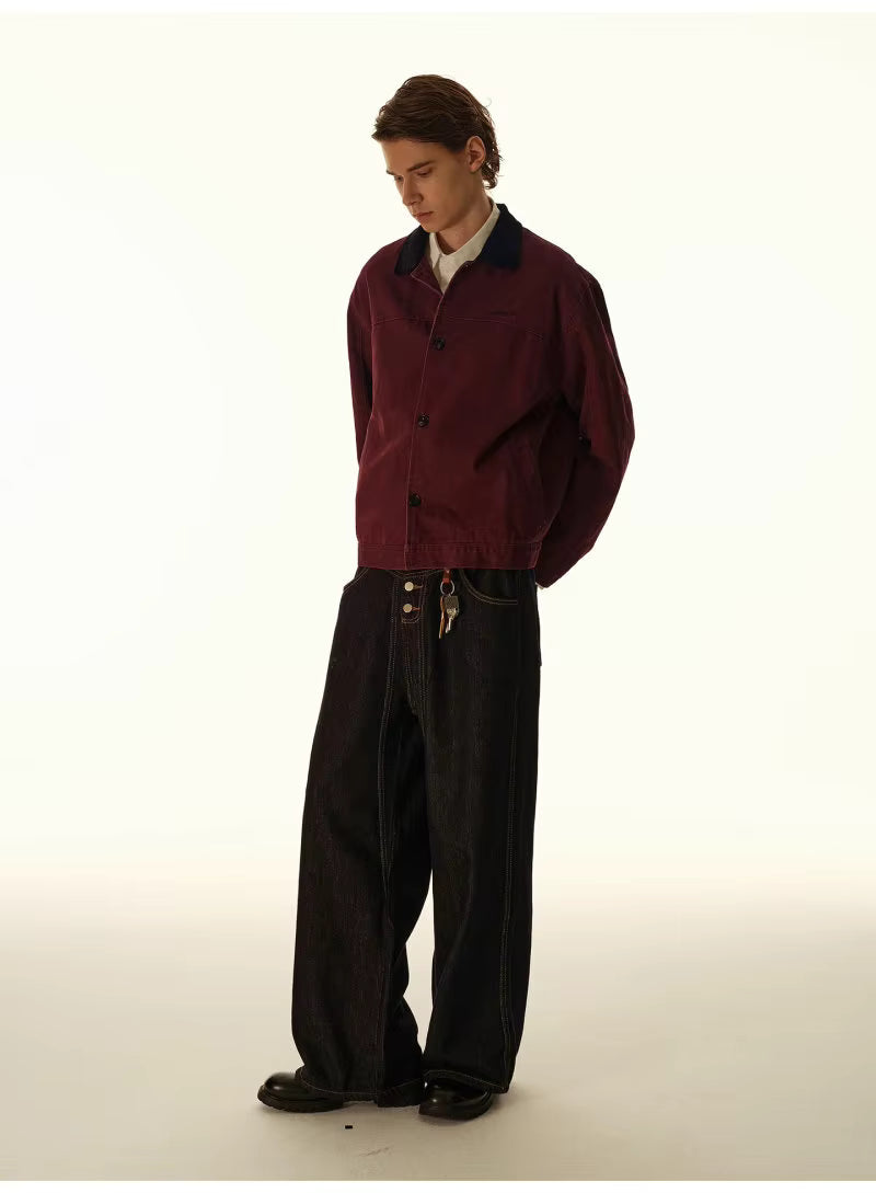 Washed Contrast-Collar Jacket - Wine