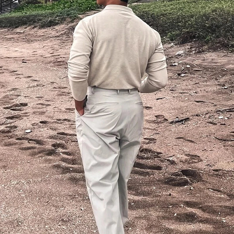 Long Sleeve Button-up Polo Beige - Slim Fit