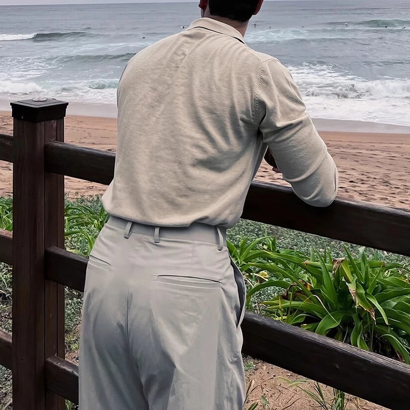 Long Sleeve Button-up Polo Beige - Slim Fit