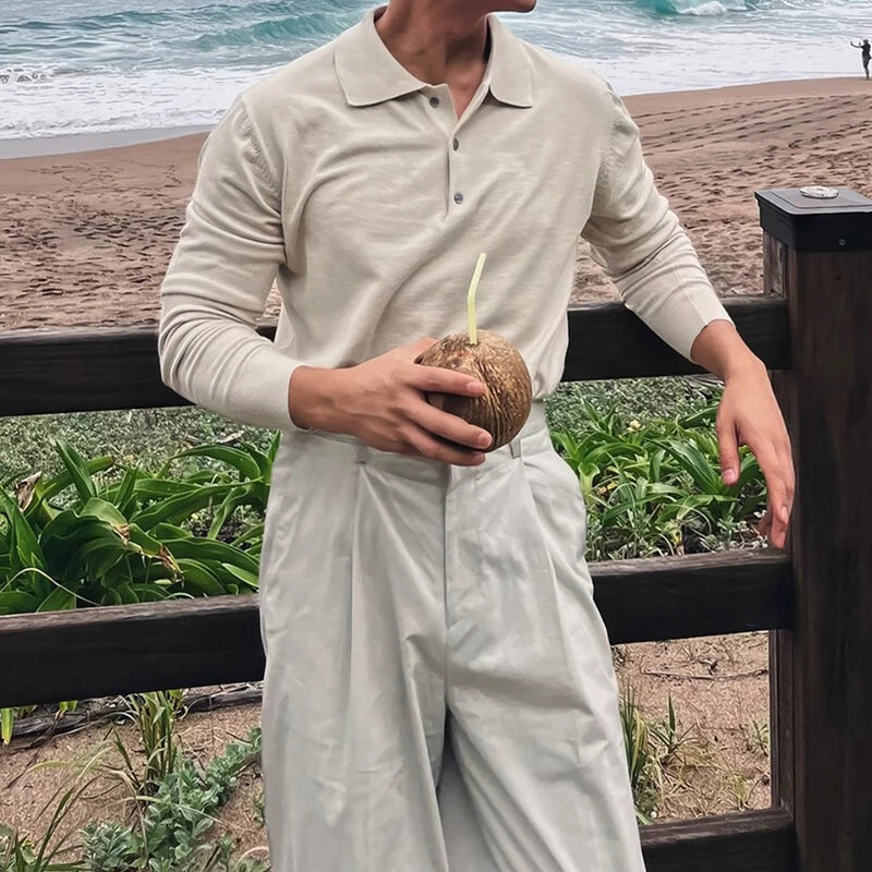 Long Sleeve Button-up Polo Beige - Slim Fit