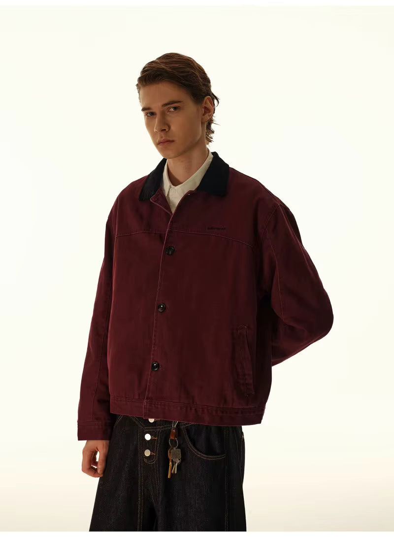 Washed Contrast-Collar Jacket - Wine