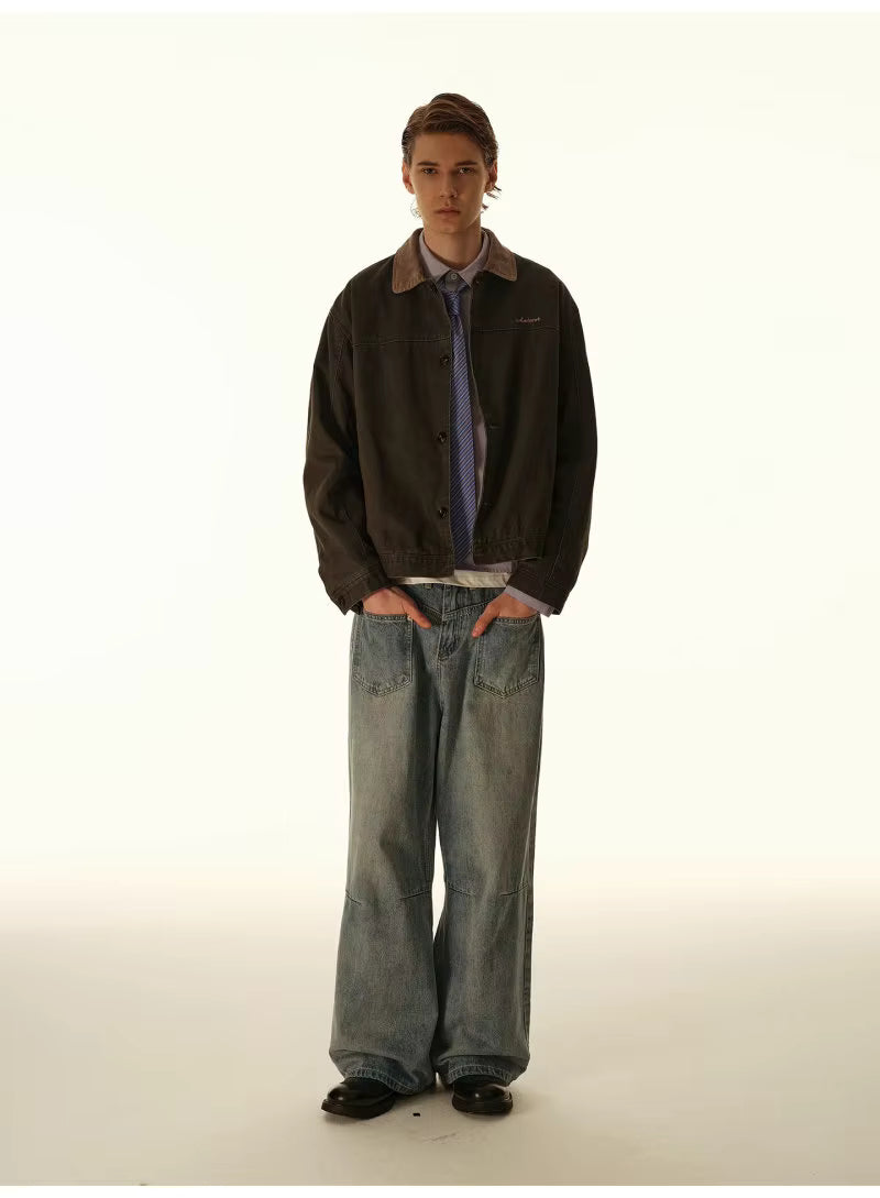 Washed Contrast-Collar Jacket - Grey