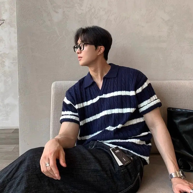 Striped Cable Knit Polo Shirt - Blue