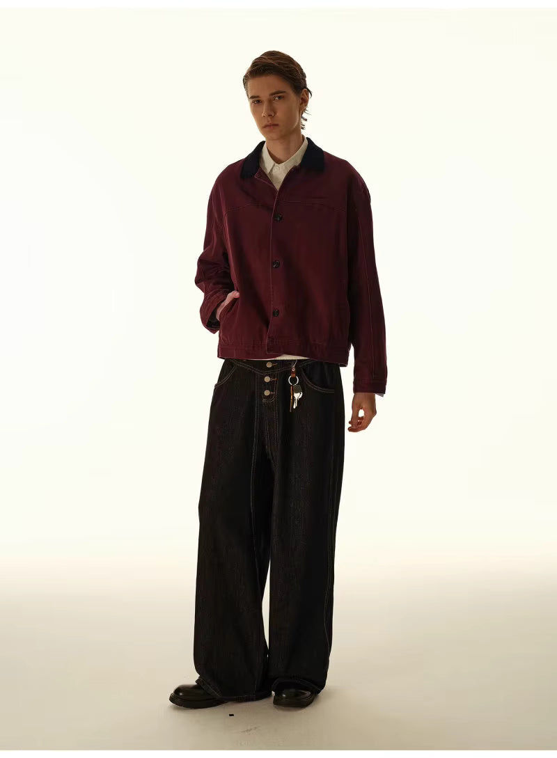 Washed Contrast-Collar Jacket - Wine