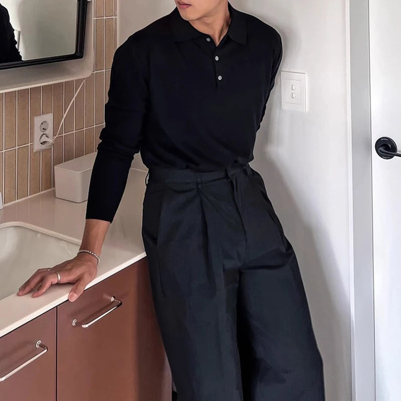 Long Sleeve Button-up Polo Black - Slim Fit