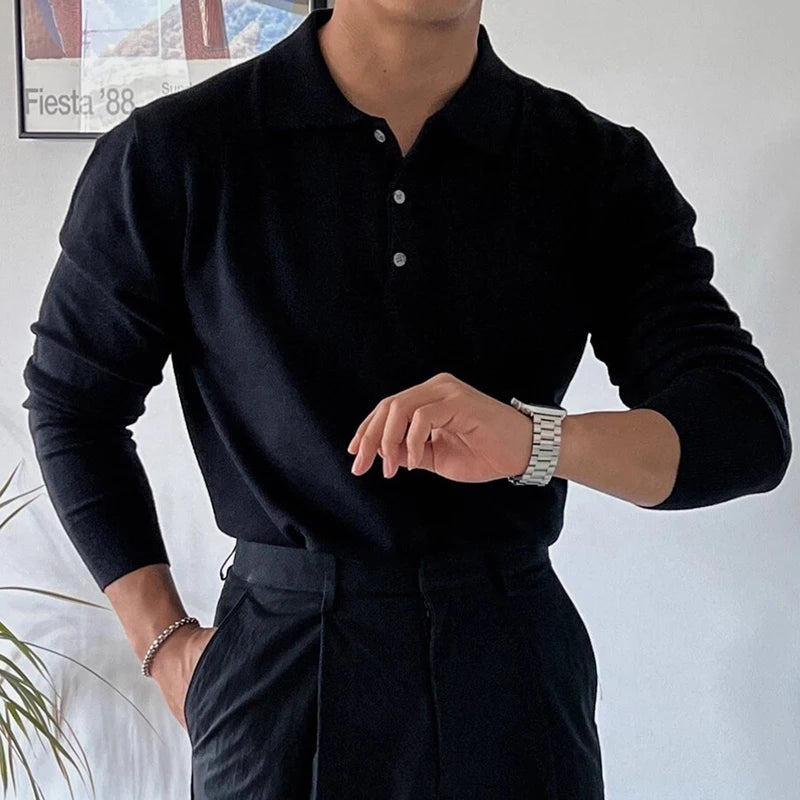 Long Sleeve Button-up Polo Black - Slim Fit