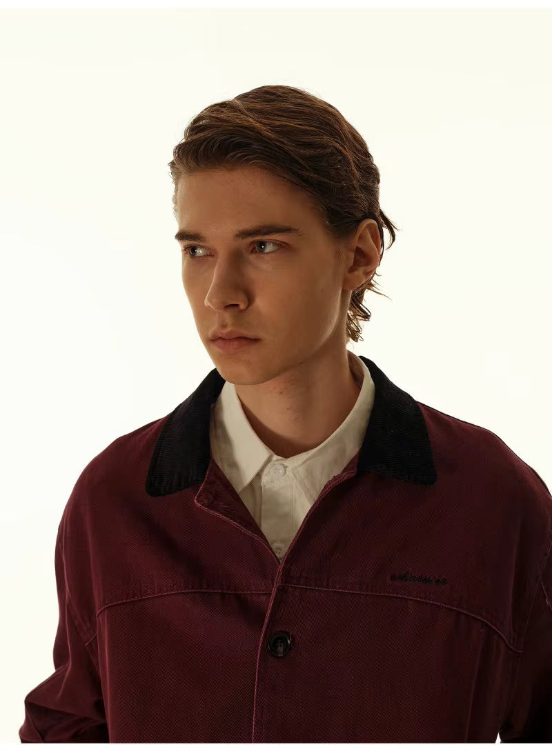Washed Contrast-Collar Jacket - Wine