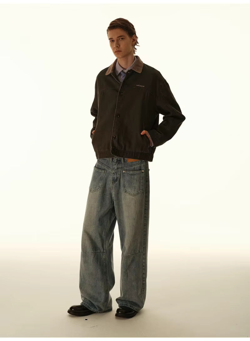 Washed Contrast-Collar Jacket - Grey