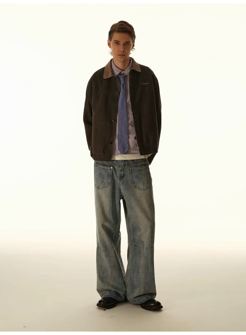 Washed Contrast-Collar Jacket - Wine