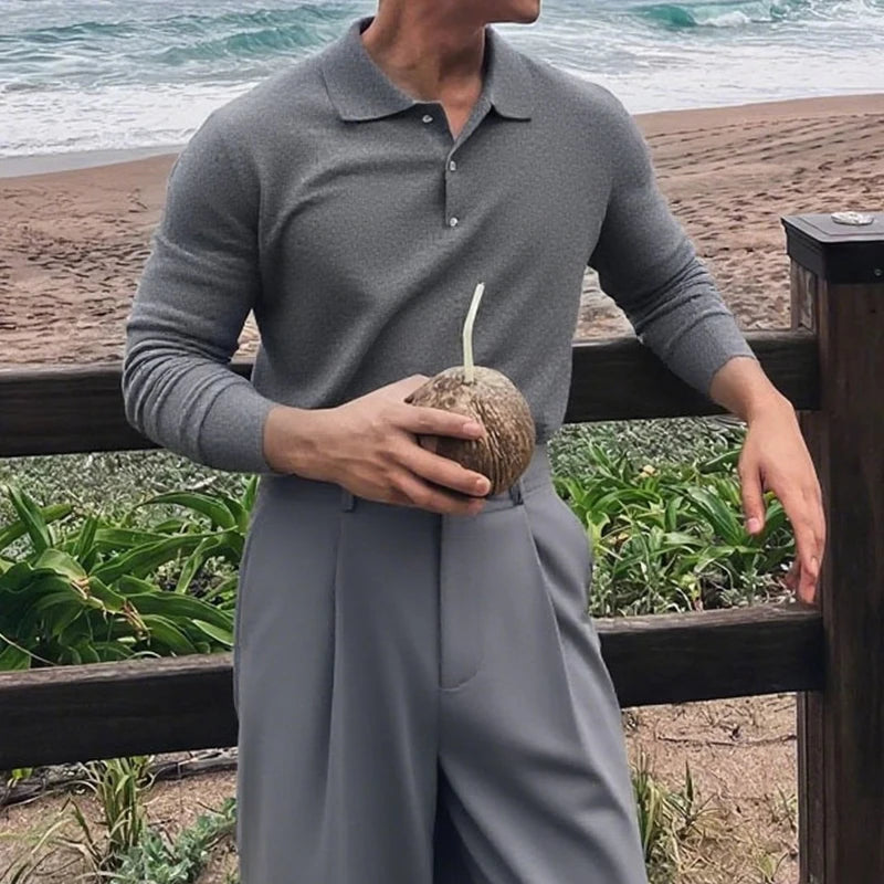 Long Sleeve Button-up Polo Grey - Slim Fit