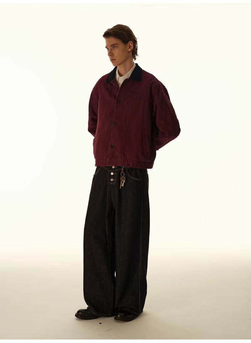 Washed Contrast-Collar Jacket - Wine