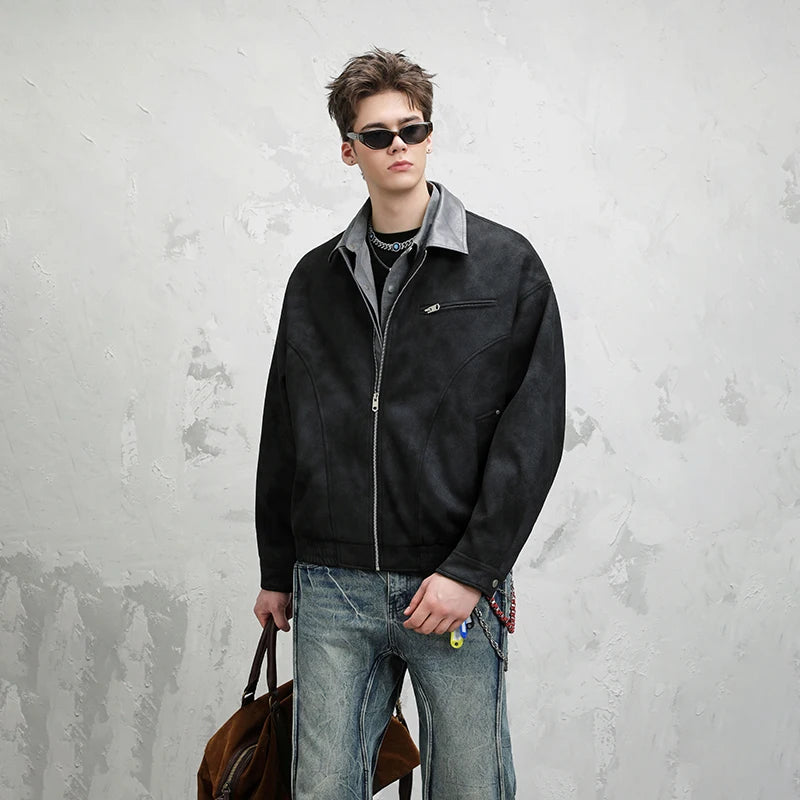 Box Fit Suede Bomber Jacket - Black