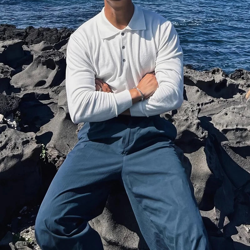 Long Sleeve Button-up Polo OFF White - Slim Fit