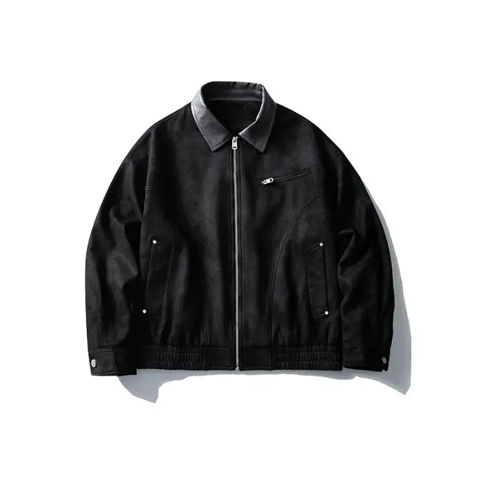 Box Fit Suede Bomber Jacket - Black