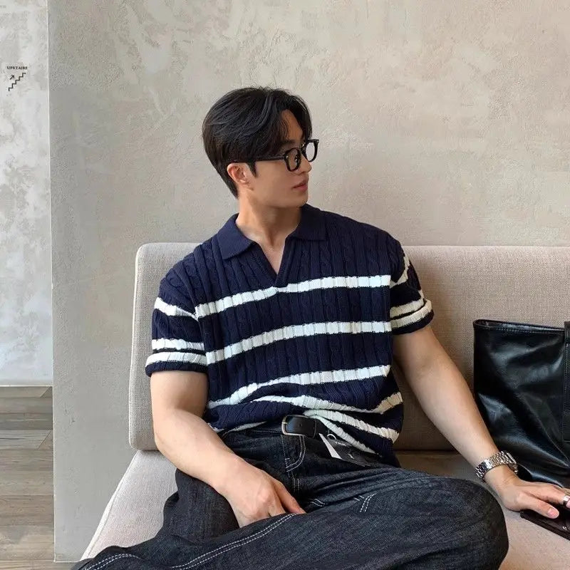 Striped Cable Knit Polo Shirt - Blue